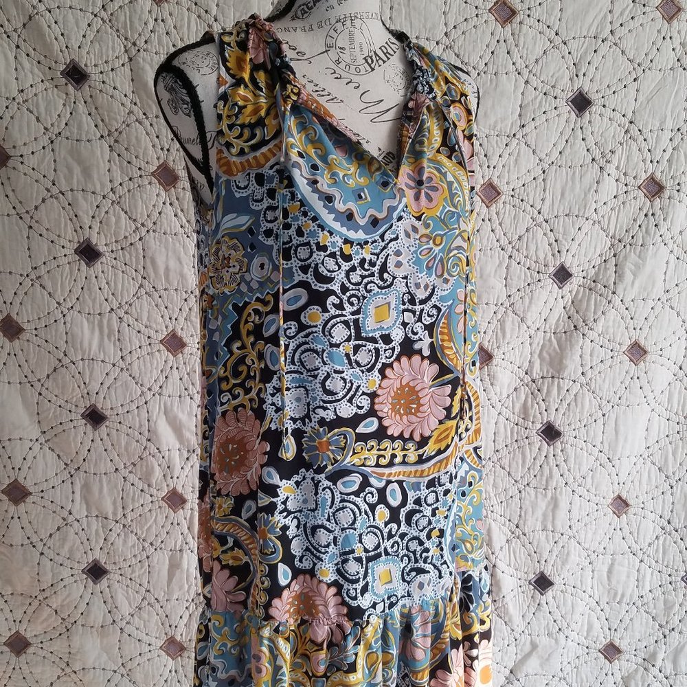 EUC LOFT Blue & Yellow Printed Shift Dress XS